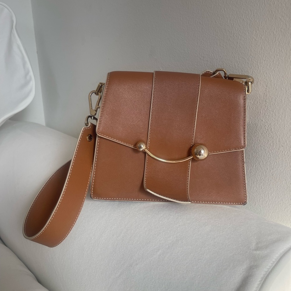 Strathberry Box Crescent Leather Shoulder Bag- Chestnut